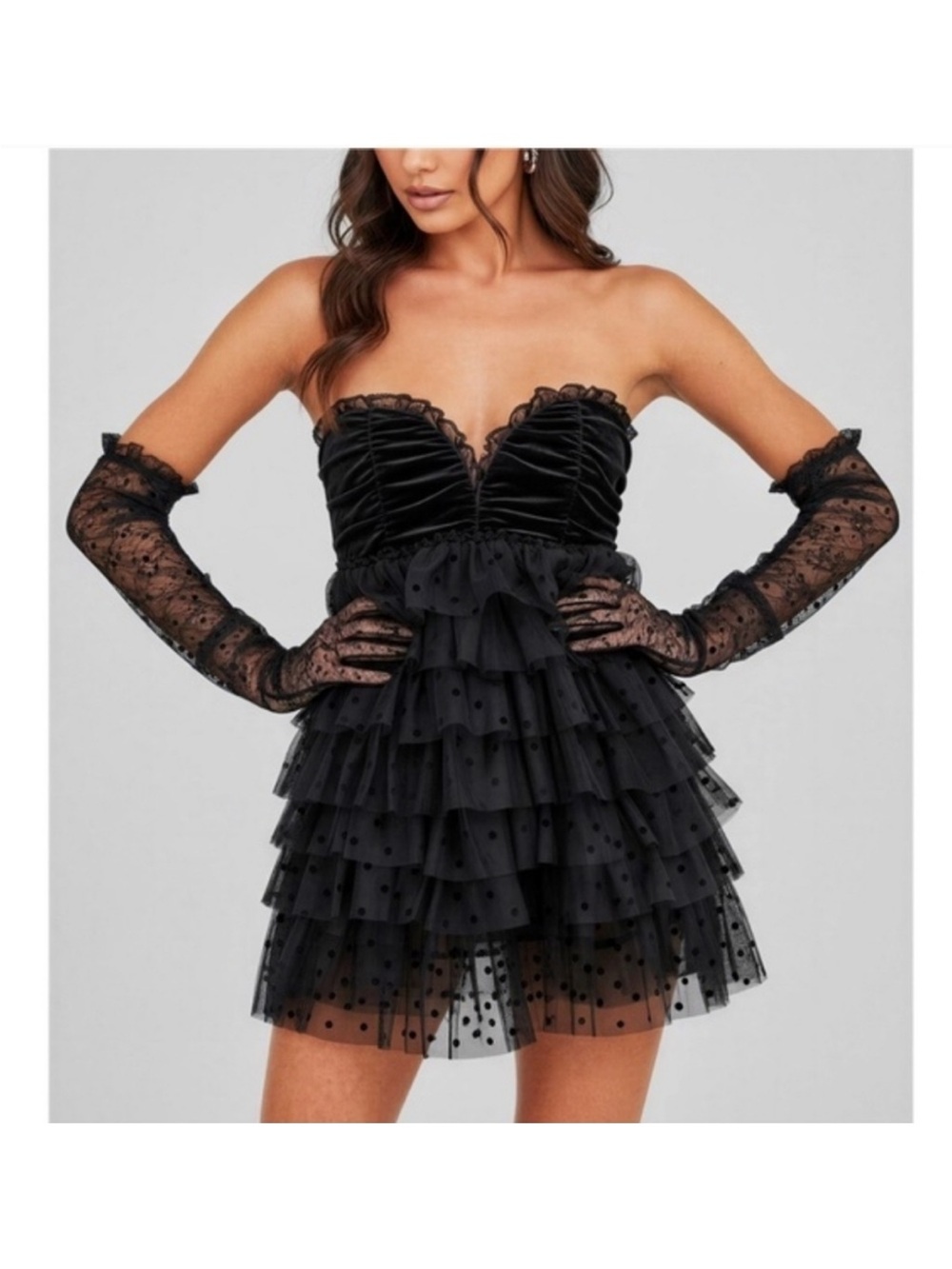 For Love & Lemons Black Strapless Polka-Dot Ruffled Mini Dress
